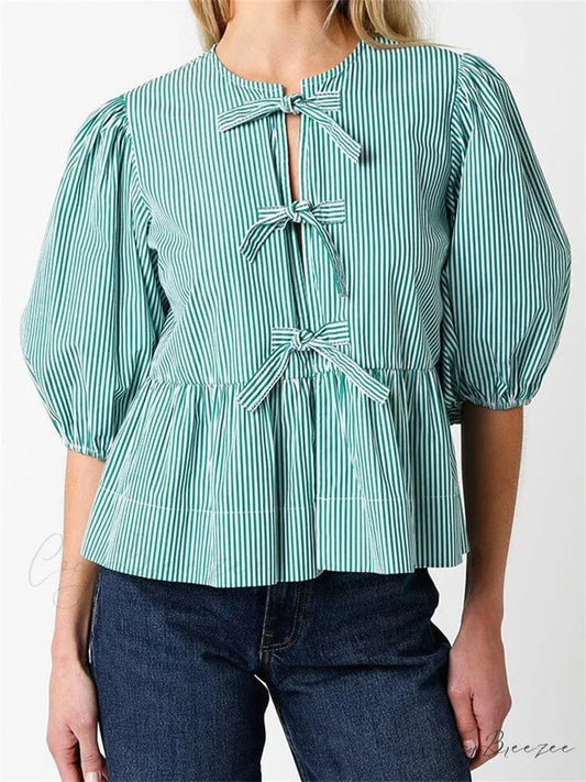 Front Split Bowknot Tie-Up Puff Sleeve Shirt green / S blouse-250223