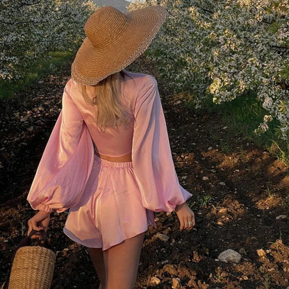 Front Tie Low Cut Full Sleeve Crop Top Flow Shorts Two Pieces Set twopiecesset-250126