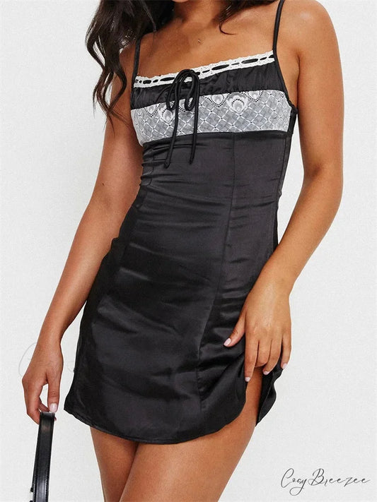 Front Tie up Ruched Sleeveless Spaghetti Strap Mini Dress