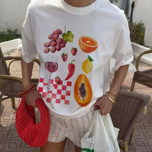 Fruit Wine Patterned Large Fit Tee WHITE / S t-shirt-250223