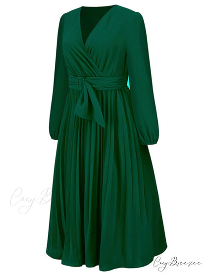 Full-Length Folded Belt Neck Long Waist Women’s at Gown and V with Faux-wrap Sleeves