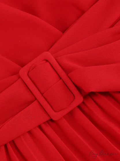 Full-Length Folded Belt Neck Long Waist Women’s at Gown and V with Faux-wrap Sleeves