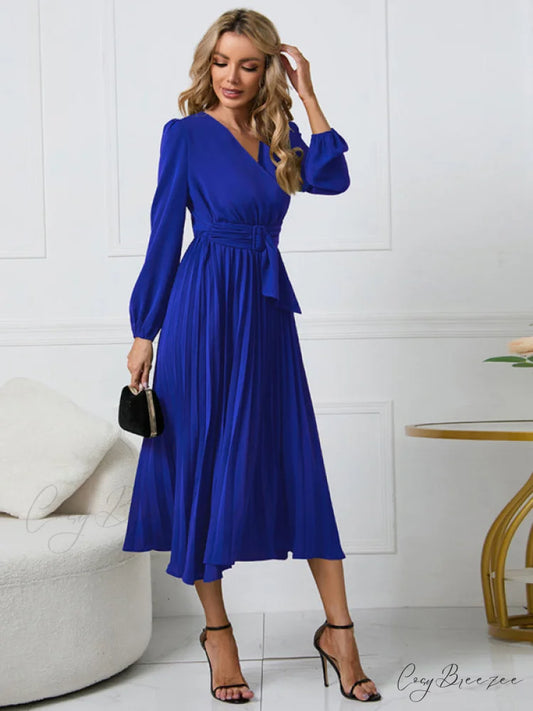 Full-Length Folded Belt Neck Long Waist Women’s at Gown and V with Faux-wrap Sleeves