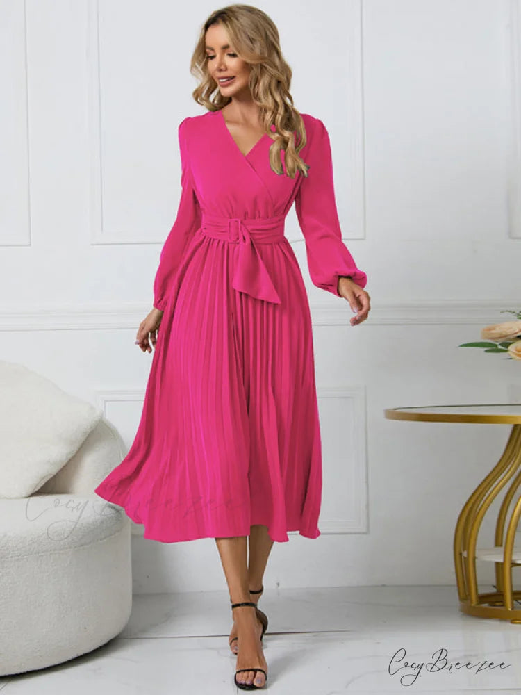 Full-Length Folded Belt Neck Long Waist Women’s at Gown and V with Faux-wrap Sleeves