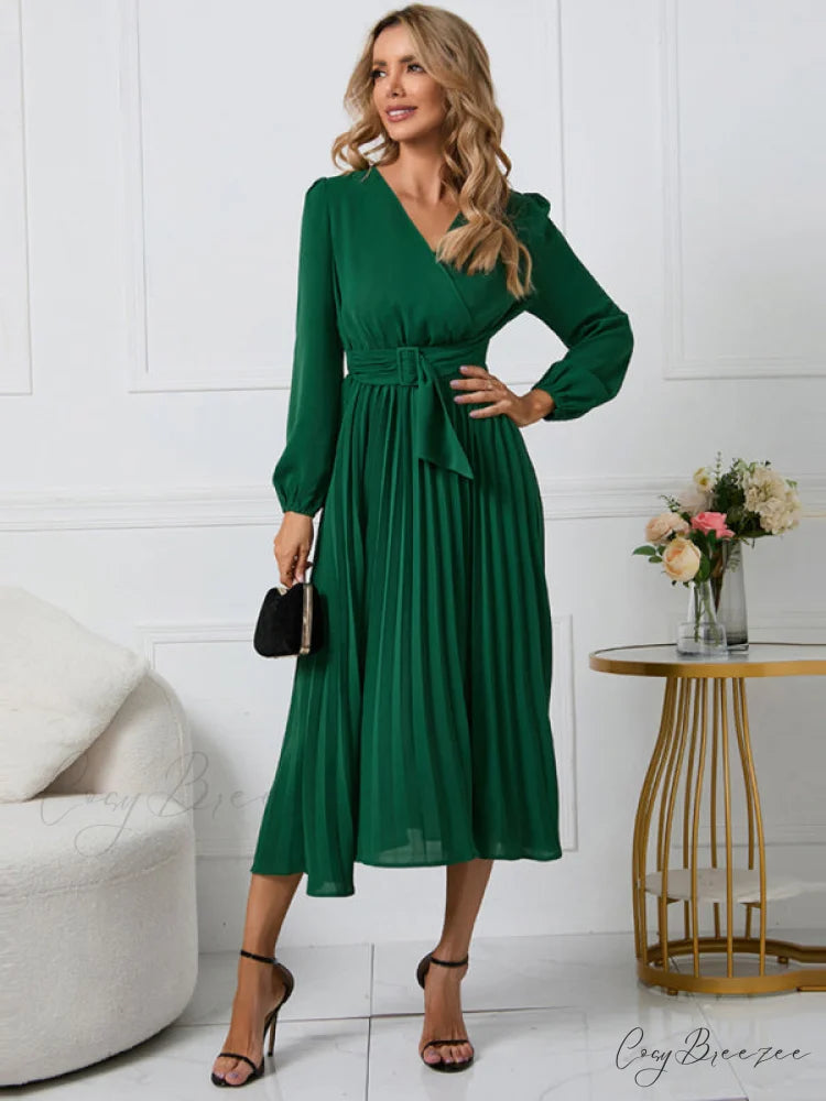 Full-Length Folded Belt Neck Long Waist Women’s at Gown and V with Faux-wrap Sleeves