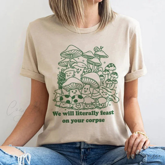 Fungi Enthusiast Classic Mushroom Print Tee Khaki / S t-shirt-250223