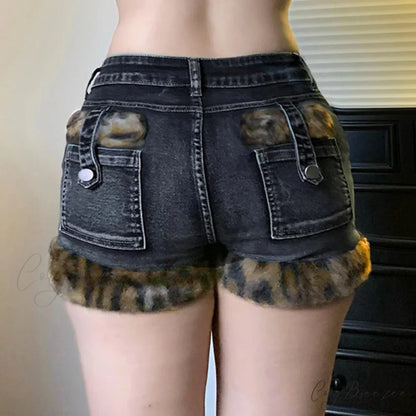 Fur Patchwork Low-Waist Denim Shorts Blue / S short-250223