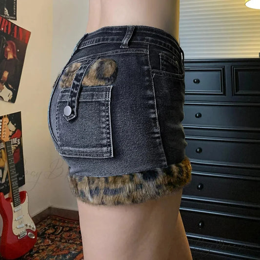 Fur Patchwork Low-Waist Denim Shorts short-250223