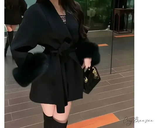 Furry Patchwork Long Sleeve Bandage Coat Black / S overcoats-241228