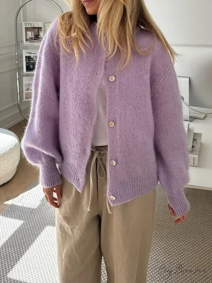 Fuzzy Button-Down Full Sleeve Knit Cardigan cardigans-241228