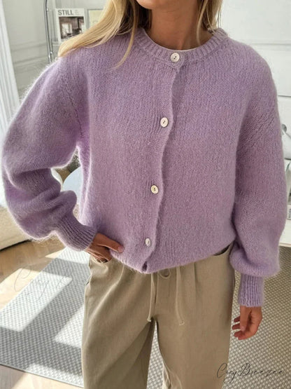 Fuzzy Button-Down Full Sleeve Knit Cardigan purple / S cardigans-241228