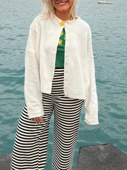 Fuzzy Button-Front Full Sleeve Knit Cardigan white / S cardigans-241228