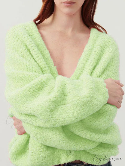 Fuzzy V-neck Button-front Cardigan cardigans-241228