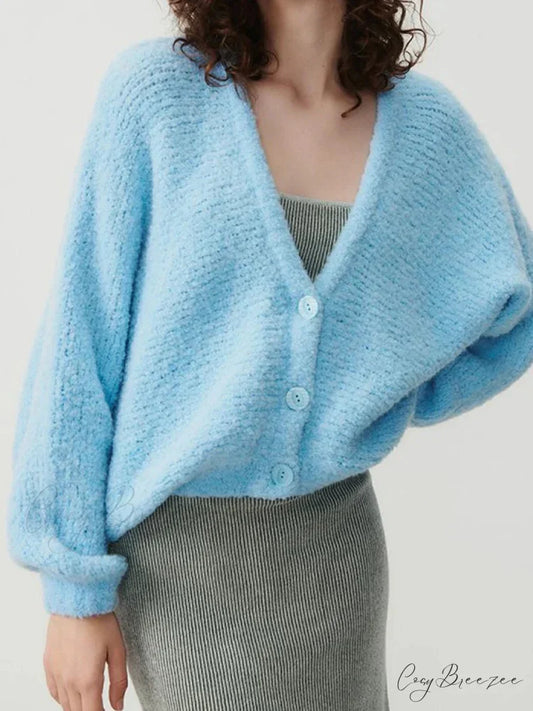 Fuzzy V-neck Button-front Cardigan cardigans-241228