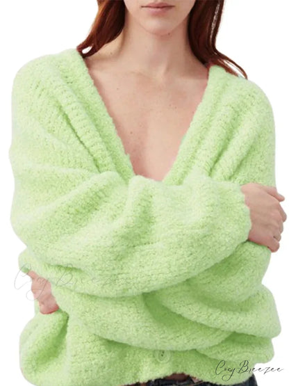 Fuzzy V-neck Button-front Cardigan Green / S cardigans-241228