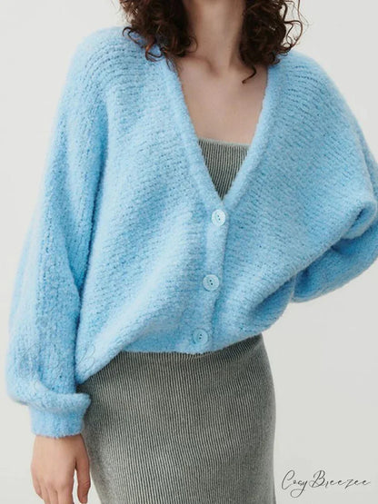 Fuzzy V-Neck Button-Front Knit Cardigan blue / S cardigans-241228