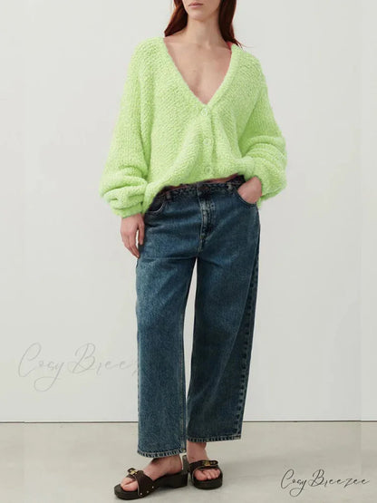 Fuzzy V-Neck Button-Front Knit Cardigan cardigans-241228
