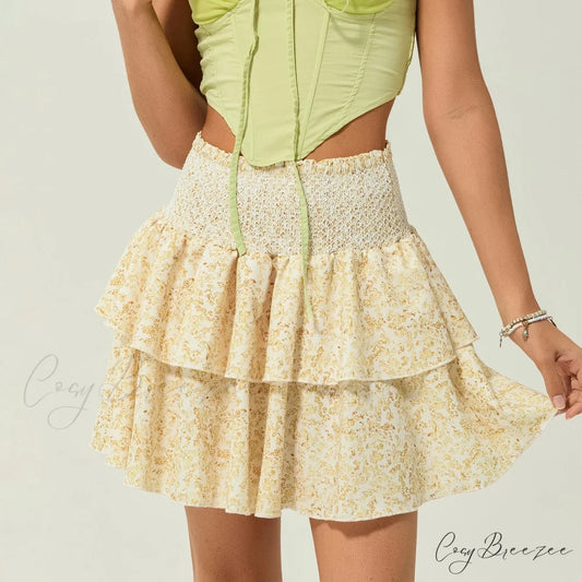 Gathered Floral Tiered Flounce Skirt Yellow / S skirts-250223