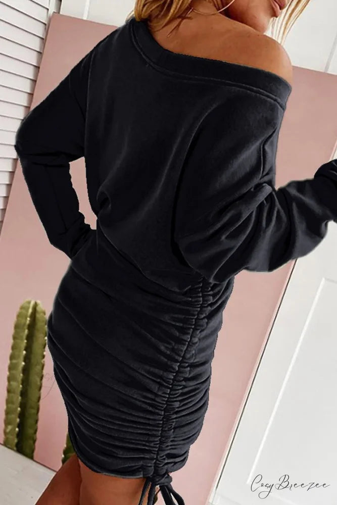 Gathering Dress with Drop Shoulder and Drawstring Black / XL