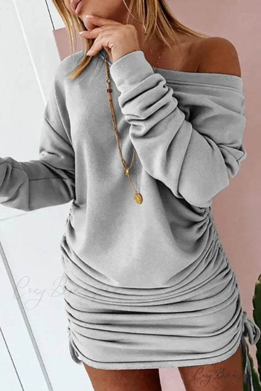 Gathering Dress with Drop Shoulder and Drawstring Grey / S