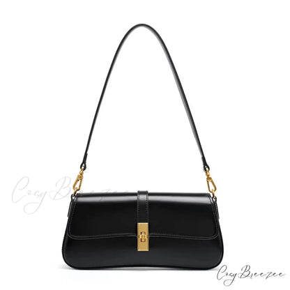Genuine Leather Baguette Shoulder Bag Black shoulder-250126