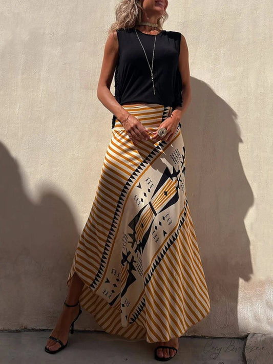 Geometric Print Elastic Charming Waist Maxi Skirt Yellow / S