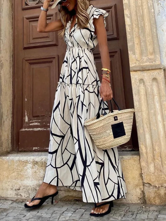 Geometric Print V-Neck Charming Ruffled Hem Maxi Dress White / S