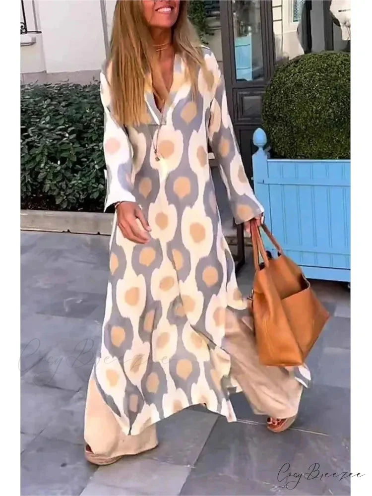 Geometric Printing Split Autumn V Neck Boho Dress