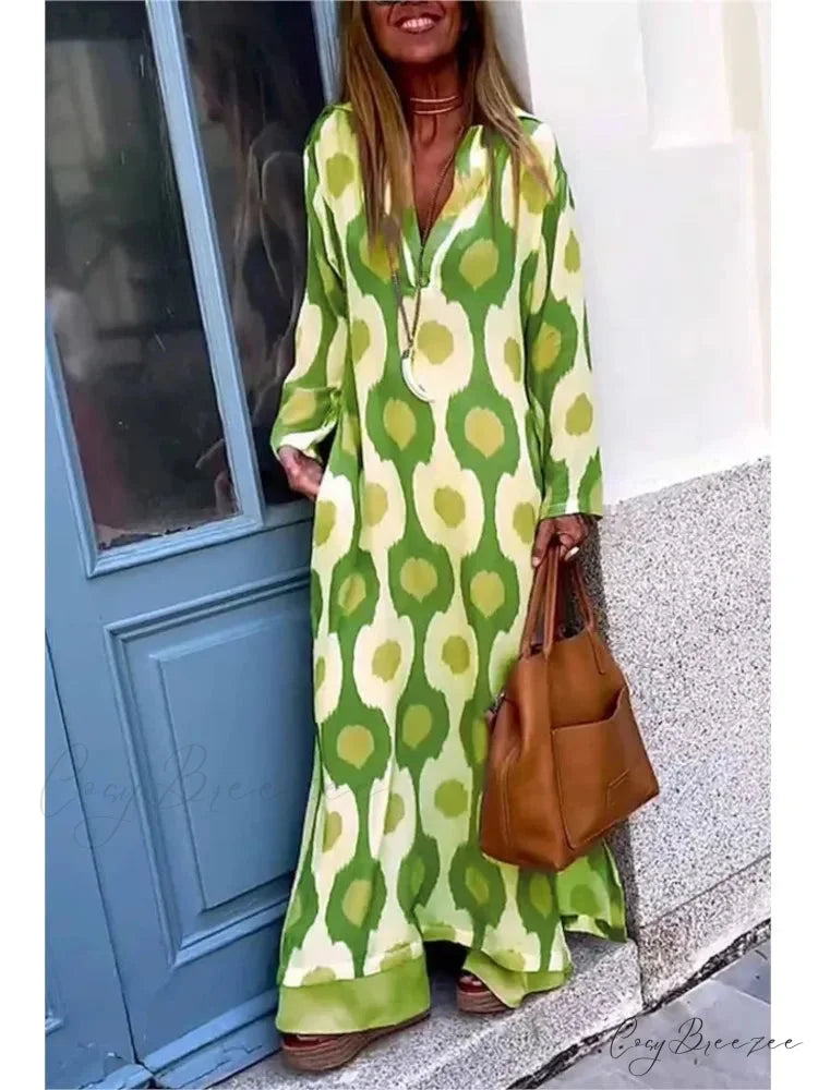 Geometric Printing Split Autumn V Neck Boho Dress