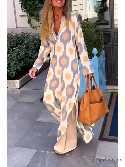 Geometric Printing Split Autumn V Neck Boho Dress