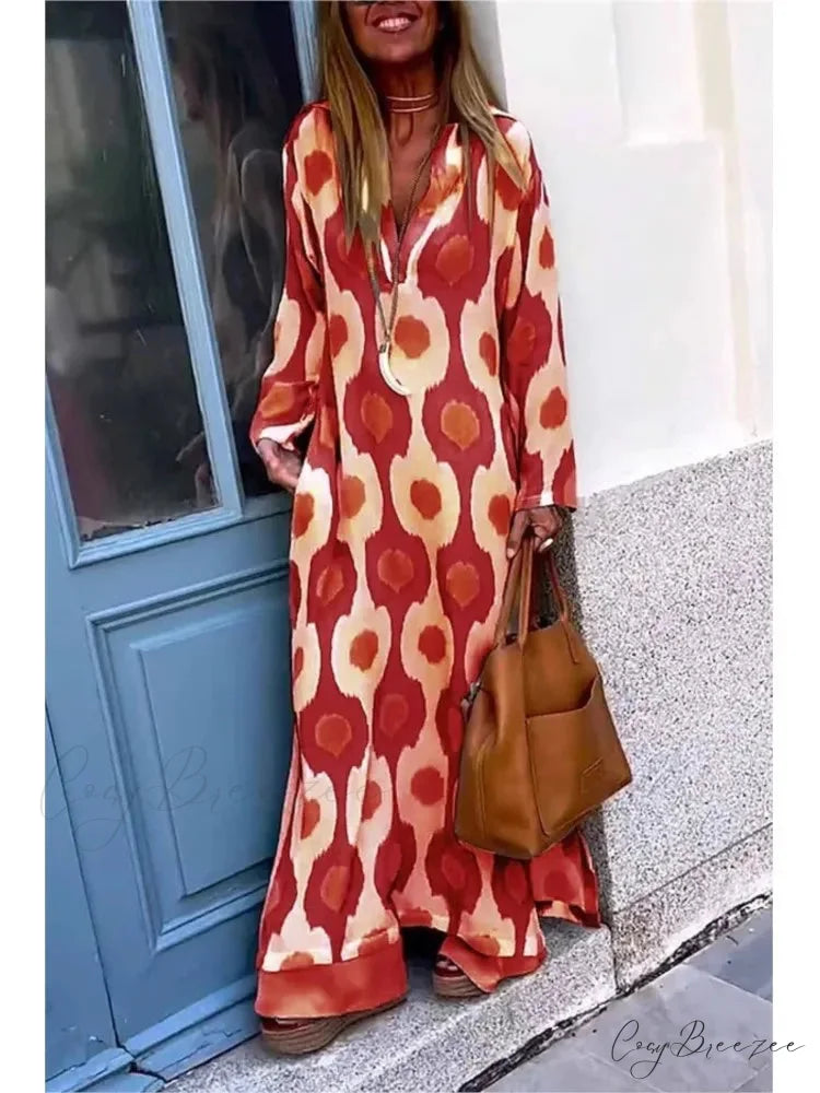 Geometric Printing Split Autumn V Neck Boho Dress