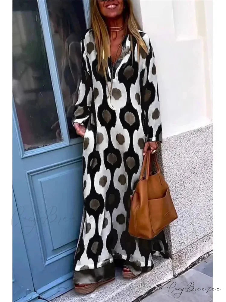 Geometric Printing Split Autumn V Neck Boho Dress