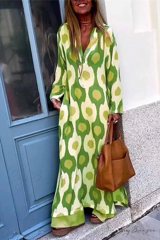 Geometric Printing Split Autumn V Neck Boho Dress Green / S