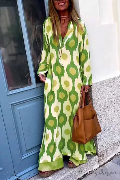 Geometric Printing Split Autumn V Neck Boho Dress Green / S
