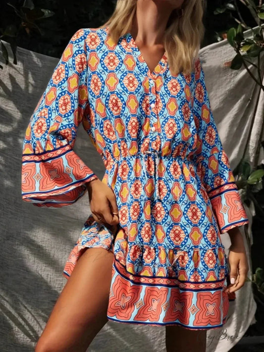 Geometry Print Boho Flare Sleeve Dress Blue / S bohodress-250126