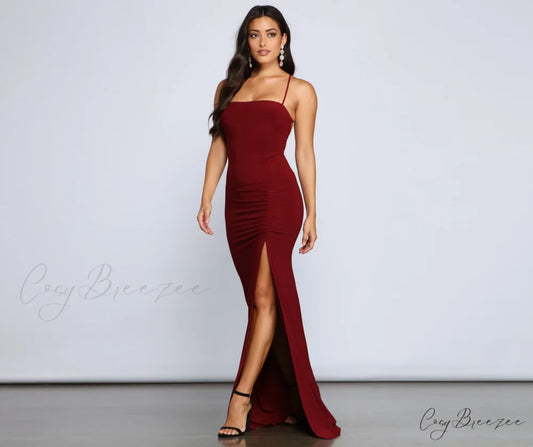 Gia Lace-Up Stylish Formal High-Slit Dress WINE / XS