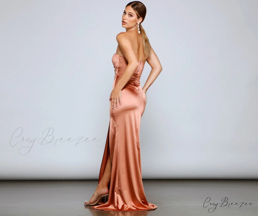 Gianna Strapless Stylish High-Slit Satin Dress