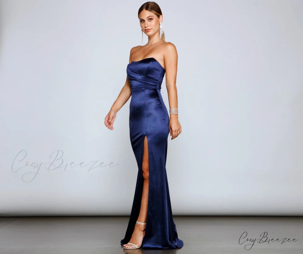 Gianna Strapless Stylish High-Slit Satin Dress
