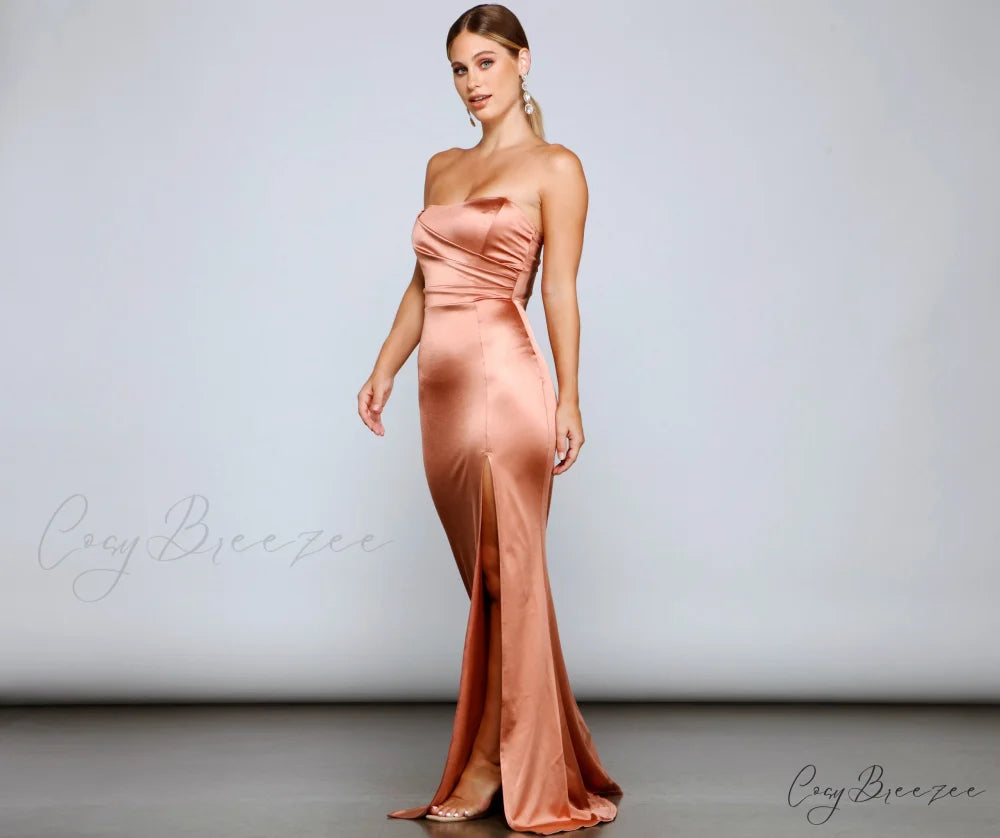 Gianna Strapless Stylish High-Slit Satin Dress