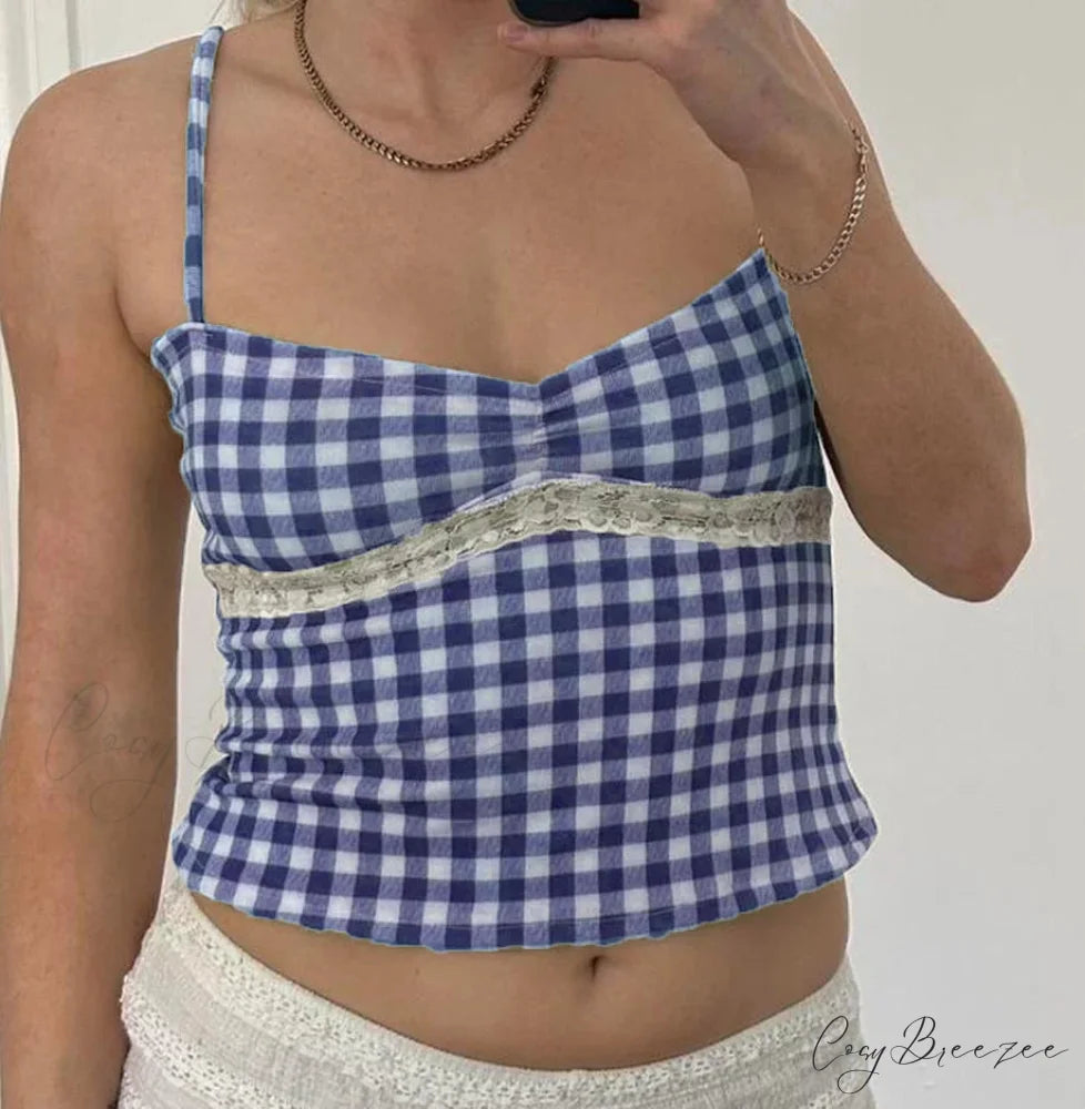 Gingham Checkered Lace Crop Top Blue / S croptop-250223
