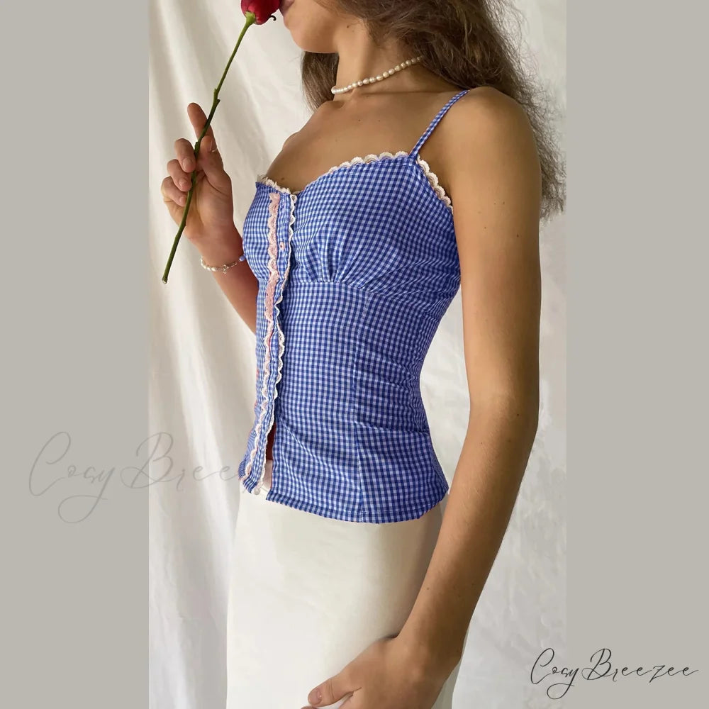 Gingham Checkered Lace Crop Top croptop-250223