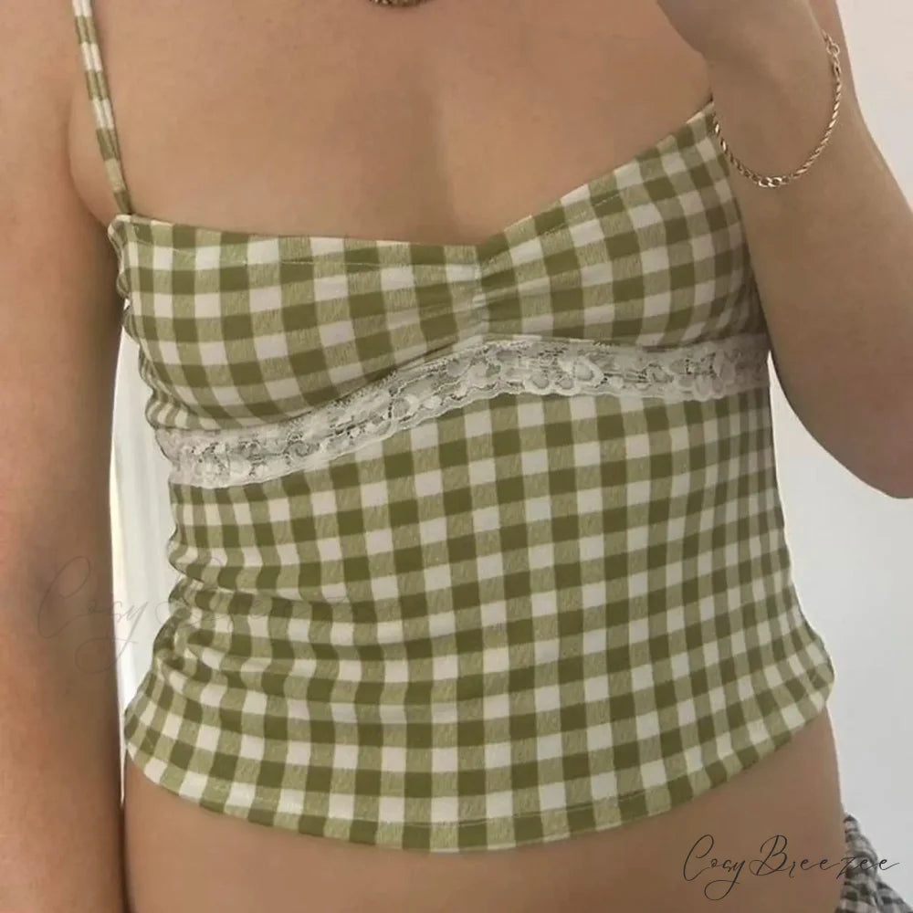 Gingham Checkered Lace Crop Top croptop-250223