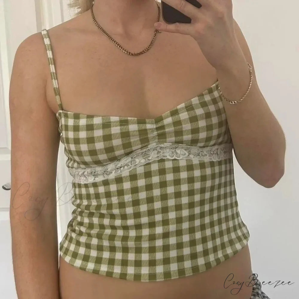 Gingham Checkered Lace Crop Top Green / S croptop-250223