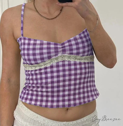 Gingham Checkered Lace Crop Top PURPLE / S croptop-250223