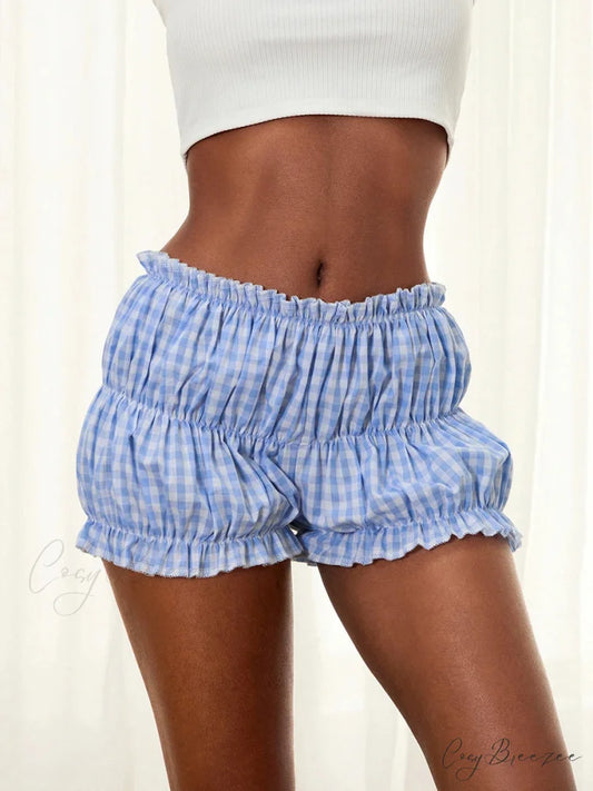 Gingham Frill Hem Bloomer Shorts Blue / S short-250223