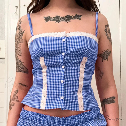 Gingham Lace Trim Crop Top croptop-250223