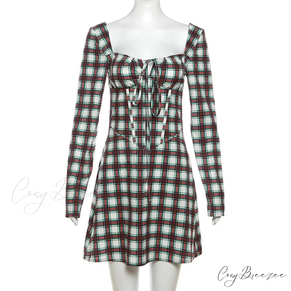 Gingham Print Long Charming Sleeve Mini Dress