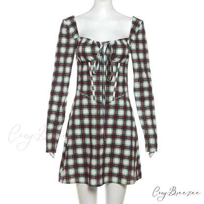 Gingham Print Long Charming Sleeve Mini Dress