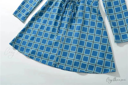 Gingham Print Long Charming Sleeve Mini Dress