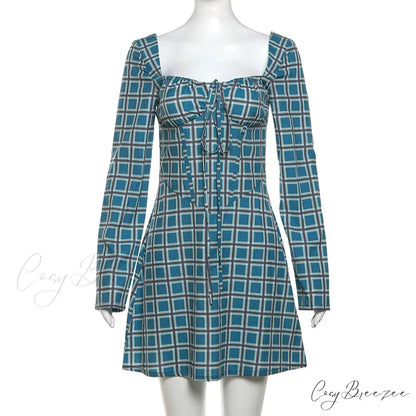 Gingham Print Long Charming Sleeve Mini Dress